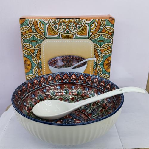 新疆乌鲁木齐发货陶瓷批发零售波西米亚民族风8寸奶碗奶勺套装