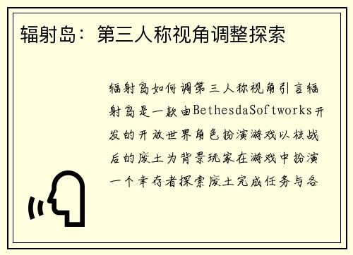 辐射岛：第三人称视角调整探索